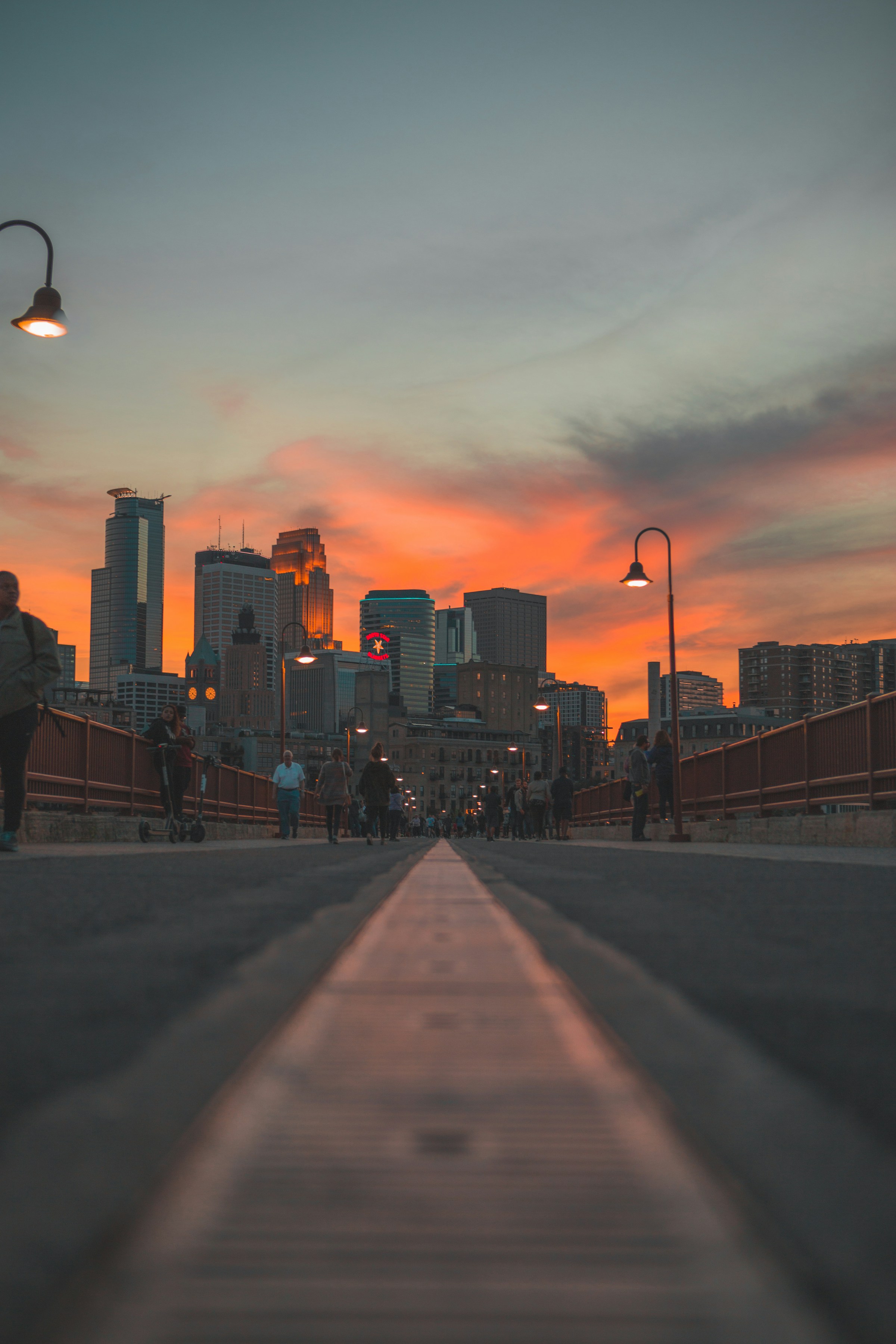 Minneapolis skyline at sunset from the Stone Arch Bridge — Twin Cities tax preparation and bookkeeping service area.